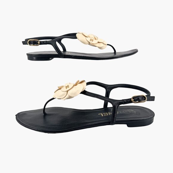 Chanel Camellia Flower CC Sandals Size 37.5C US 6.5-7 Black Leather Flat T-Strap - Picture 7 of 14